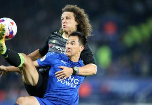 LEICESTER, ENGLAND - SEPTEMBER 20 : Shinji Okazaki of Leicester City in action with David Luiz of Chelsea during the EFL third round cup match between Leicester City and Chelsea at the King Power Stadium on September 20th , 2016 in Leicester, United Kingdom.  (Photo by Plumb Images/Leicester City FC via Getty Images)